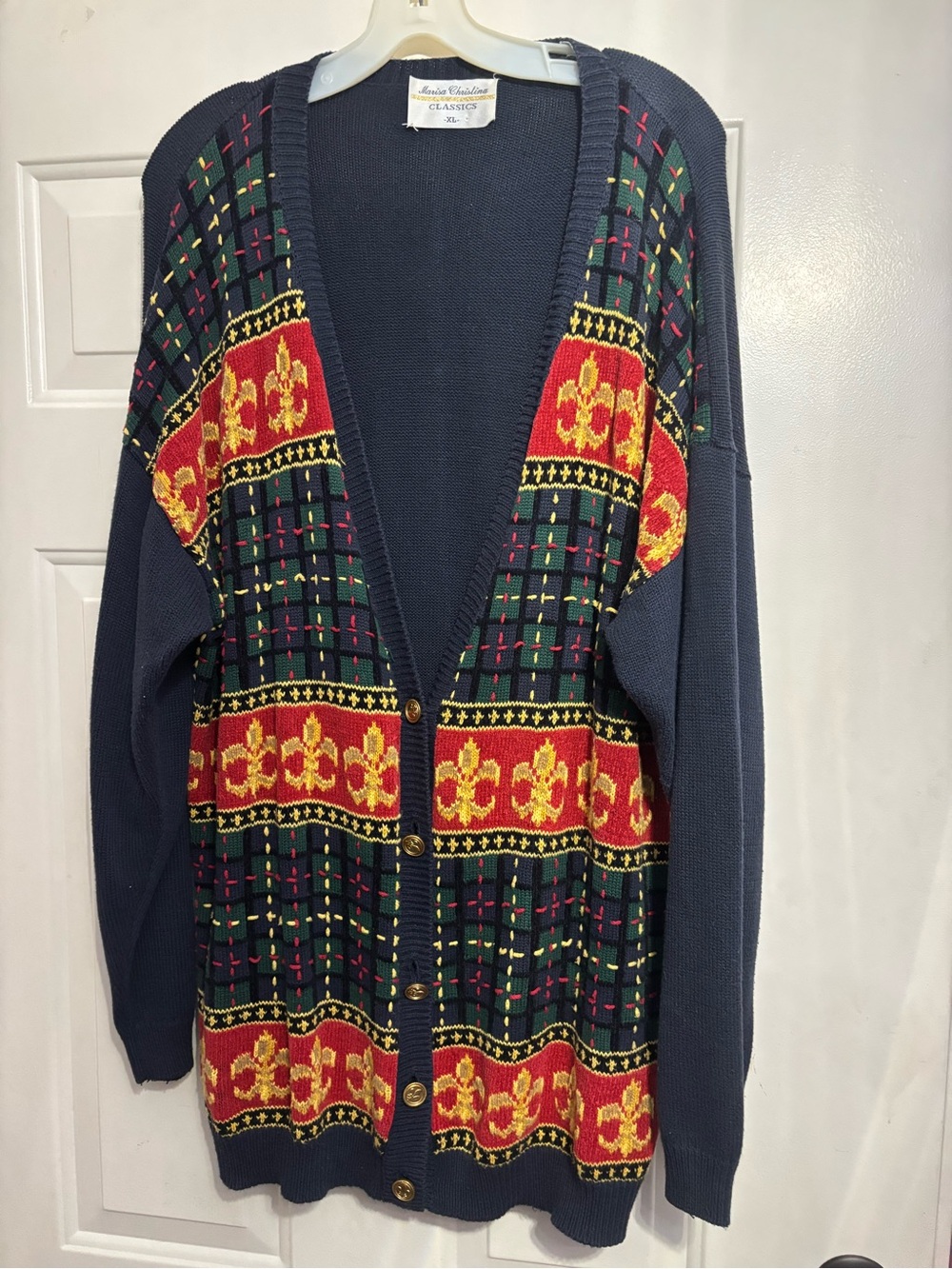 Marisa Christina Navy Cardigan with Red & Gold Jacquard Panels